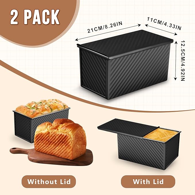 2 Pack Pullman Loaf Pan with Lid, 1 lb Dough Capacity Non-Stick Bakeware for Baking Bread, Carbon Steel Bread Toast Box with Cover, Homemade Sandwich Toast, Black