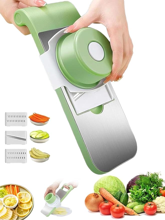 Multifunctional Vegetable Cutter, Portable Mandoline Slicer for Kitchen, 5 in 1 Vegetable Cutter with 5 Detachable Blades, Stainless Steel 𝐕egetable Slicer for Slicing Shredding (A)