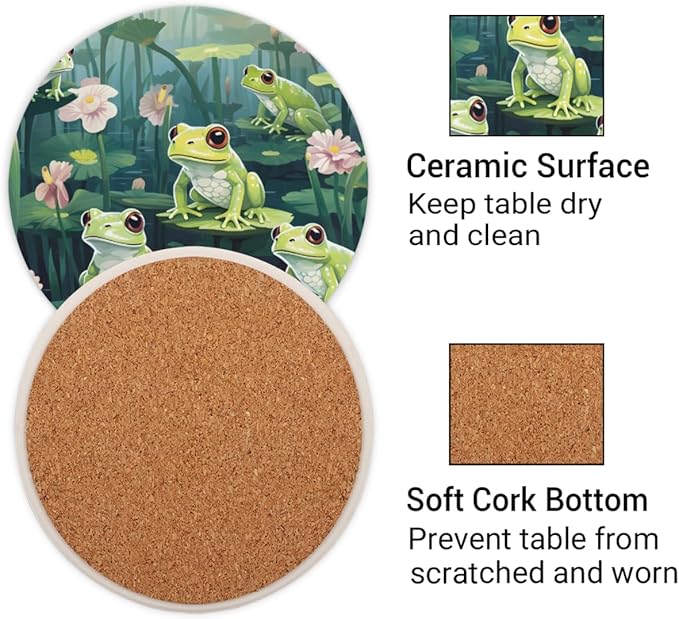 Lotus Leaves Frogs Round Coasters Set of 2, Absorbent Ceramic Coaster with Cork Base, Bar Coasters for Drinks Coffee Mugs Tea Cups Wine Glasses Home Decor Gifts (4 inches Diameter)