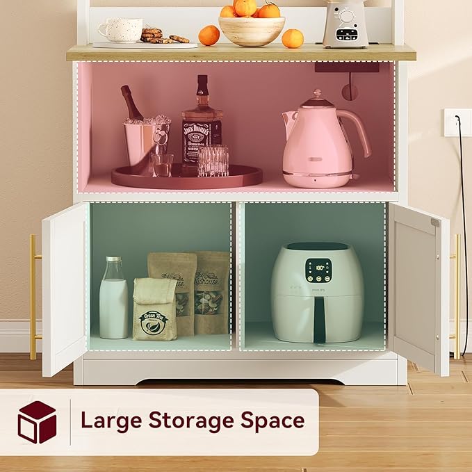 GAOMON Farmhouse Bakers Rack with Storage Cabinet and Charging Station, Kitchen Hutch with Thickened Tabletop, Power Outlets & USB Ports, Pantry Organizer Shelf for Kitchen and Dining Room, Wood