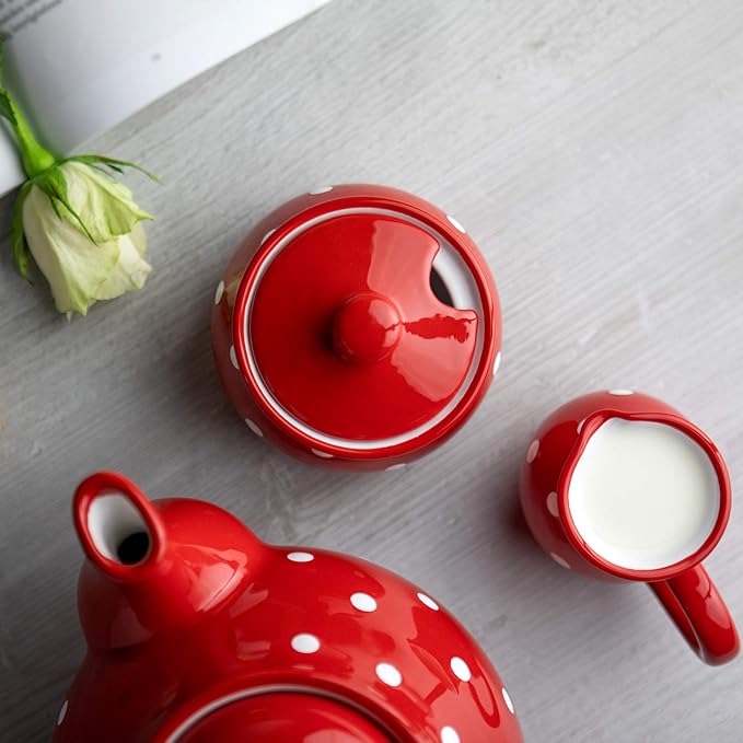 City to Cottage Ceramic Sugar Bowl with Lid, 10oz Sugar Contanier for Coffee Bar, Sugar Dispenser Bowl, Salt - Condiment Pot for Kitchen Counter, Handcrafted Red Polka Dot Sugar Jar