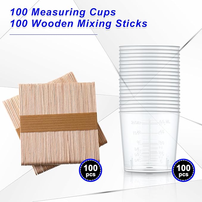 Konohan 100 Pack 2oz/60ml Plastic Mixing Cups Disposable Measuring Cups, Epoxy Bulk Clear Beaker with Graduated and Mixing Sticks for Resin, Laboratory, Liquid, Acrylic Paint Art, Medicine