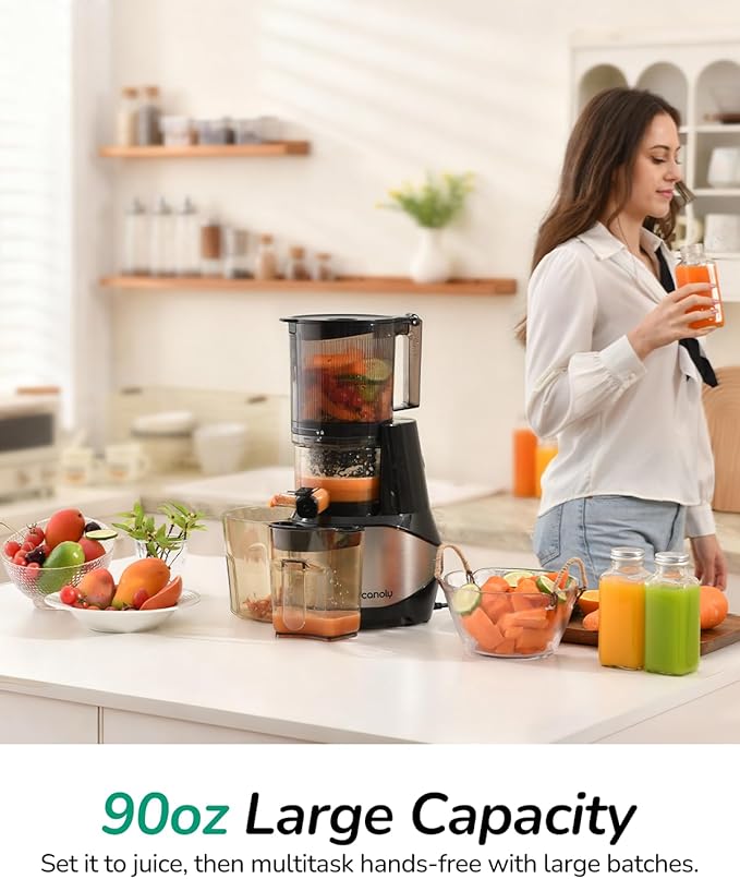 Canoly C09 Cold Press Juicer, 6" Extra Wide Feed Chute, 3-IN-1 Strainers (Juice & Sorbet & Nut Milk), Powerful AC Brushless Motor, Self Precut System, Juicer Machines with BPA-Free (Classic)