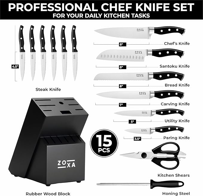 Kitchen Knife Set with Block, 15-Piece Stainless Steel Chef Knife Set, Kitchen Knives with Steak Knives, Honing Rod & Kitchen Scissors, Knife Block Set