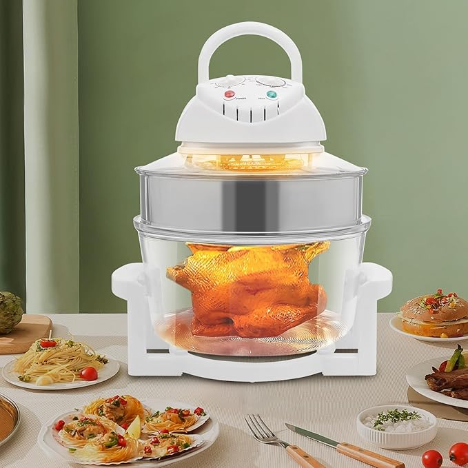 18 Quart Glass Air Fryer, 1400W Convection Countertop Toaster Oven with Adjustable 32℉-482℉ Temp & 0-60Min Timer, Bake, Grill, Steam Broil, & Roast - Includes Glass Bowl, Broil Rack, & Toasting Rack
