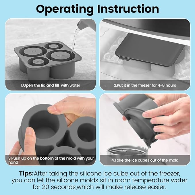 Large Silicone Ice Cube Tray for 20-30-40 oz Tumbler Cup, Slow Melting Ice Mold with Lid, Easy Release Ice Maker(Grey)