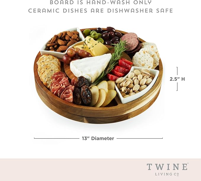 Twine Rotating Wood Serving Board - Round Charcuterie Board - Lazy Susan Wooden Cheese Board Set with Ceramic Dishes - Set of 1