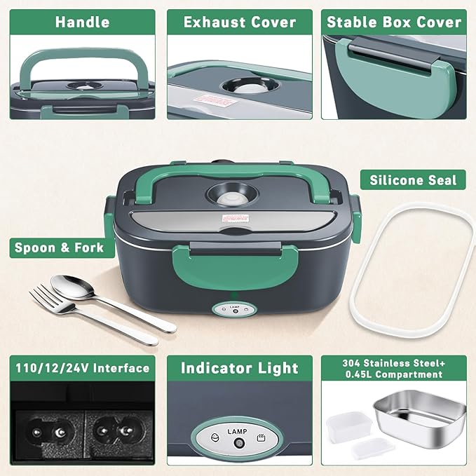 Electric Lunch Box for Adults, Electric Lunch Box Food Heater, Portable Food Heater for Travel/Home/Office,12V/24V/110V Heated Lunch Box,Loncheras para Hombres de Trabajo,GreyGreen