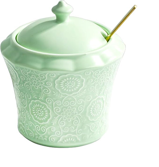 13.5oz Sugar Bowl with Lid and Spoon Green Ceramic Sugar Creamer Container, Sugar Jar, Durable Sugar Pot for Coffee Bar Accessories, Coffee Bar Decor