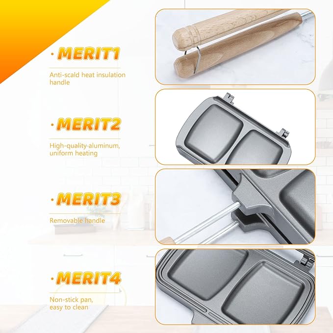 Qivine Hot Sandwich Maker, Pie Iron Double Sided Stove Top Sandwich Maker Non-Stick Cast Iron Sandwich Maker Panini Press Pan With Removable Handles For Breakfast Pancakes, Toast, Omelets (Type B)