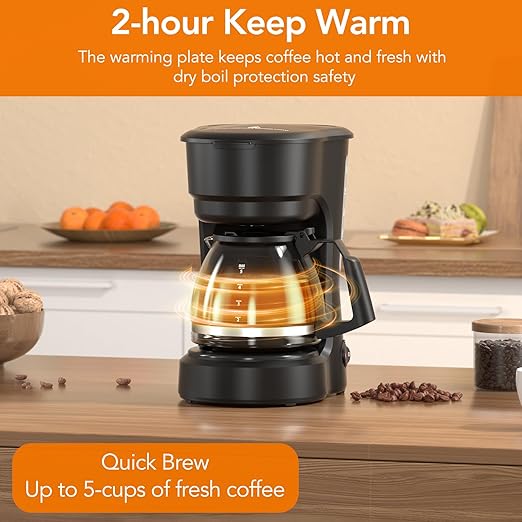 Electactic Pro 5-Cup Coffee Maker–Energy-Efficient Drip Coffee Machine Brewer with Quick Pause N Serve,Stainless Steel Filter & Extended Keep-Warm–Compact for Office & Small Kitchen