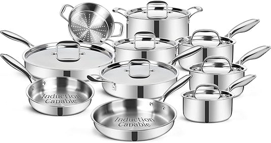 EWFEN Stainless Steel Cookware Set, 3 Ply 17 Piece Stainless Steel Pot and Pan Set, Oven Dishwasher Safe | Induction Compatible Frying Pans, Saucepans, Saute Pan & Stock Pot, PFOA, PTFE & PFOS Free
