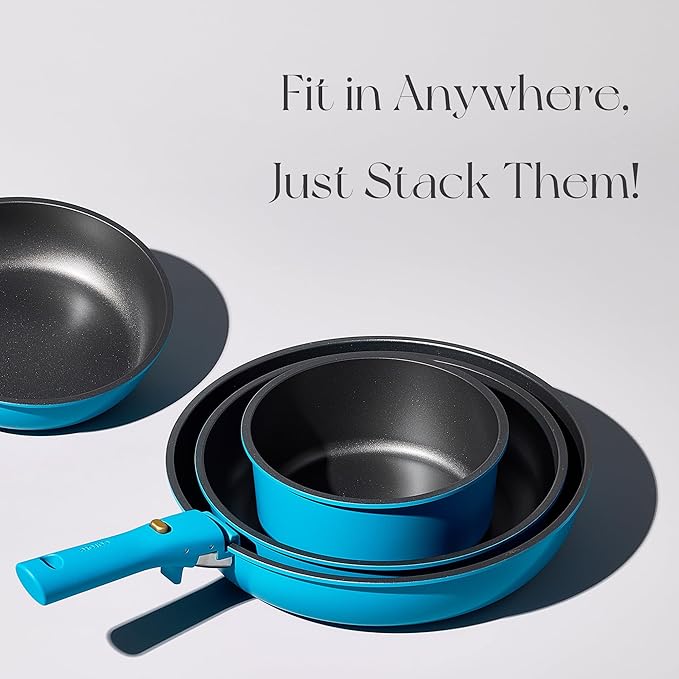 CAROTE 21pcs Pots and Pans Set, Nonstick Cookware Set Detachable Handle, Induction Kitchen Cookware Sets Non Stick with Removable Handle, RV Cookware Set, Peacock Blue