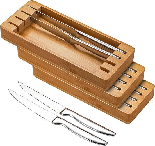 SuperCook Steak Knife Set of 12 with Block Holder, Serrated Steak Knife with Bamboo Storage Box Drawer Insert Organizer, Dishwasher Safe, Silver