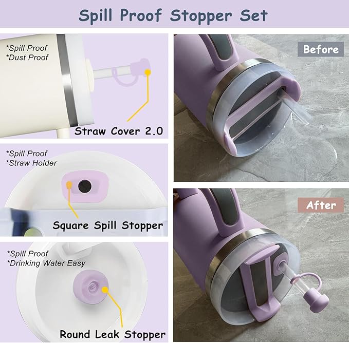 Stanley Cup Accessories Set for 40oz & 30oz Tumblers - Handle Strap, Spill-Proof Stopper, Silicone Straw Cover, Boot Base Protector, Keychain & Handle Charms(Purple)