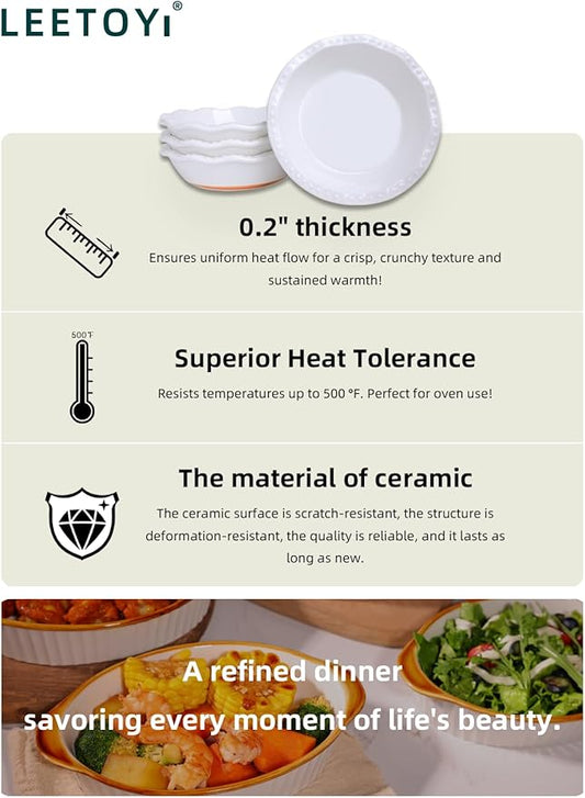 LEETOYI 5.8 Inch Mini Pie Pans, 8 Ounce Ceramic Pie Plate Pie Dish Ramekins for Kitchen, Individual Stackable Pie Tins, Set of 4 (White/Brown)