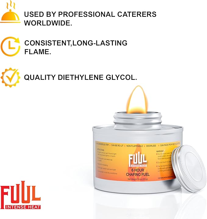 6 Hour Chafing Fuel | 12-Pack Cans for Chafing Dishes | Premium Food Warming Wick Set with Lid Opener | Burner Cans With Steady, Controlled Flame