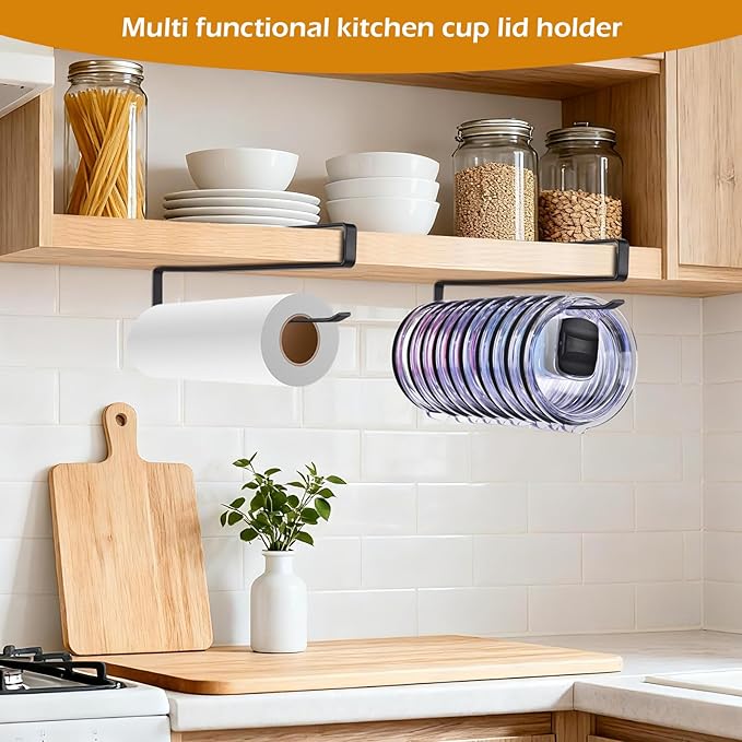 2Pack Tumbler Lid Organizer, Kitchen Space-Saving Cup Holder, Organizers for Under Cabinet Storage, No Glue or Drilling Required (Black)