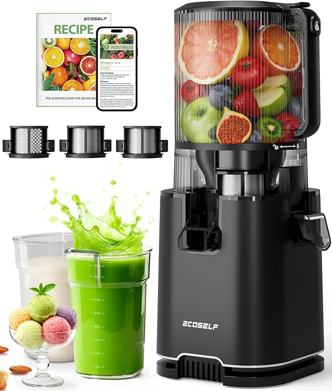 ECOSELF Cold Press Juicer with 3 Filters (For Juice/Sorbet/Nut Milk), Juicer Machines With 6.0" Wide Mouth Hopper, Self Feeding & Hands-Free Design, Upgraded Motor, Juicer for Family Gathering Party