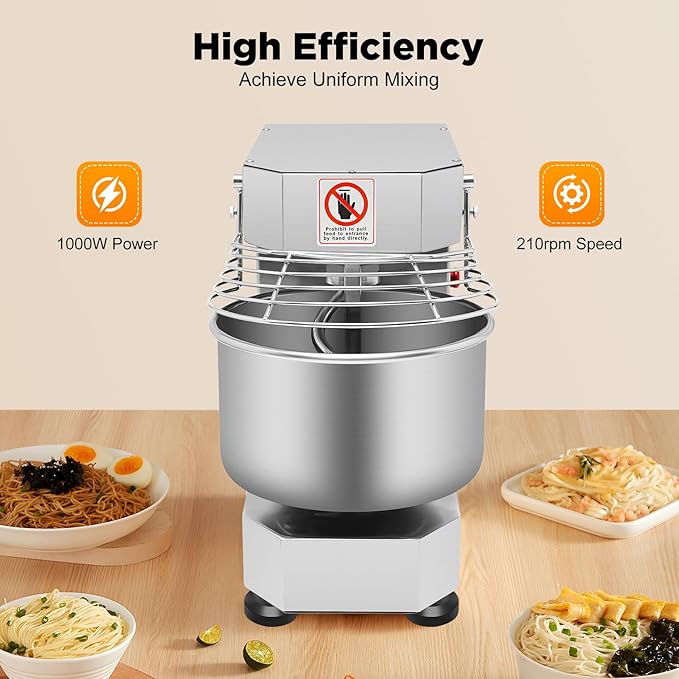 10L Commercial Dough Mixer, 750W Stand Mixer with Stainless Steel Bowl, Dual Rotating Dough Kneading Machine Heavy Duty Dough Blender with Timing Function for Bakery, Cream, Pizzeria