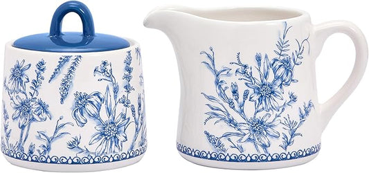 Bico Blue Garden Toile De Jouy Ceramic Sugar and Creamer Set, Sugar Bowl with Lid, Cute Container for Coffee Bar, Kitchen Countertop Accessories, Microwave and Dishwasher Safe