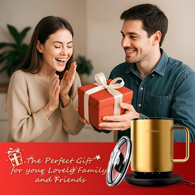 Vsitoo S3 Plus 14oz Heated Coffee Mug- Temperature Control Smart Mug with Mug Warmer, Auto-Sensing AI Heats Drinks to 120-150°F Hands-Free.Ideal for Home/Office/Gifts，Gold