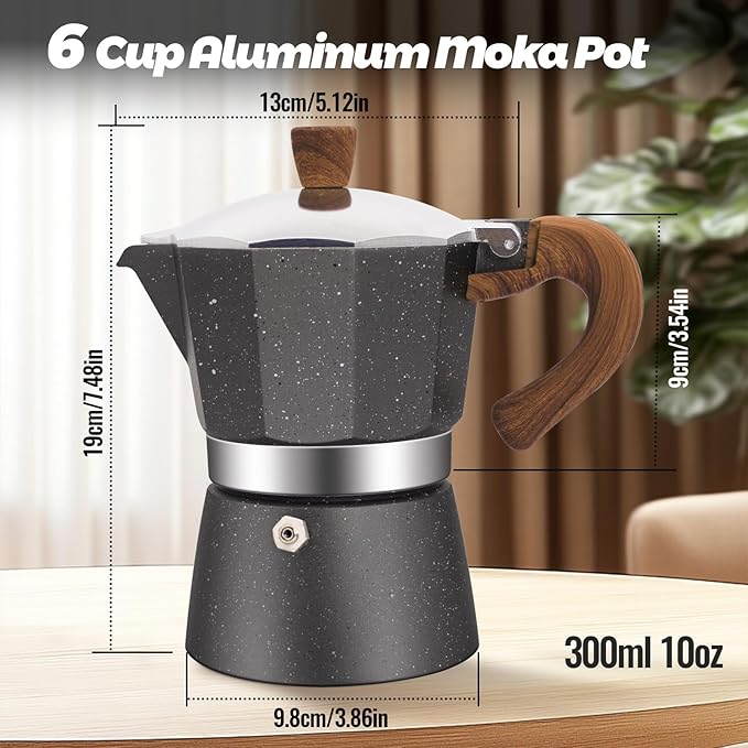 6 Cup Aluminum Moka Pot Classic Stovetop Espresso Coffee Maker 300ml 10oz Coffeemaker Percolator Mocha Pot Greca Coffee Maker Cafe Makers for Italian and Cuban Café Brewing Gray