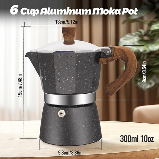 6 Cup Aluminum Moka Pot Classic Stovetop Espresso Coffee Maker 300ml 10oz Coffeemaker Percolator Mocha Pot Greca Coffee Maker Cafe Makers for Italian and Cuban Café Brewing Gray