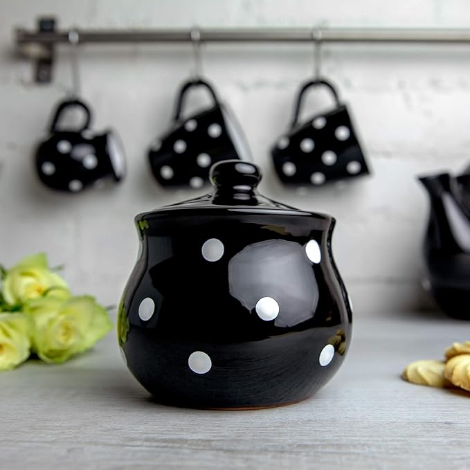City to Cottage Ceramic Sugar Bowl with Lid, 10oz Sugar Contanier for Coffee Bar, Sugar Dispenser Bowl, Salt - Condiment Pot for Kitchen Counter, Handcrafted Black and White Polka Dot Sugar Jar