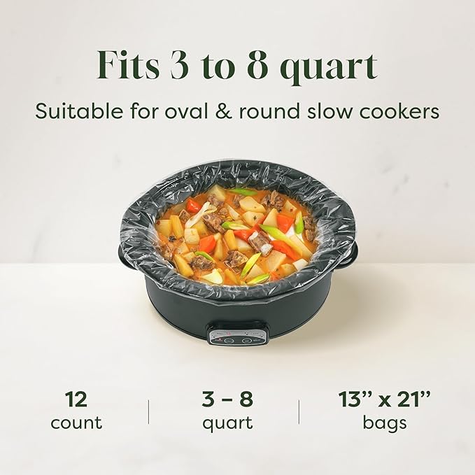 Oasier Slow Cooker Liners, Disposable Oval Large Size 13" x 21", 12 Count, Fits 3-8 Quart Pot Cooking Bags for Easy Cleanup, Food Safe & Leak-Proof