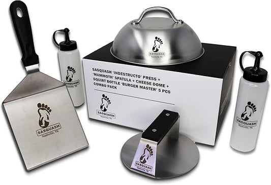 The Sasquash - 6" Heavy Duty Extra Wide Flat Handle Smashed Burger Press - Commercial Grade Welded Stainless Steel Burger Smasher (5pc Burger Master Kit)