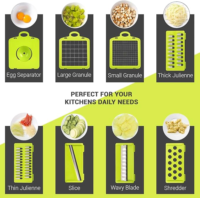 ADOV Vegetable Chopper, 14 in 1 Multi-Function Kitchen Mandoline Slicer, 7 Replaceable Stainless Steel Vegetable Cutter with Egg Separator Hand Guard Julienne Grater for Onion Potato Fruits (Grey)