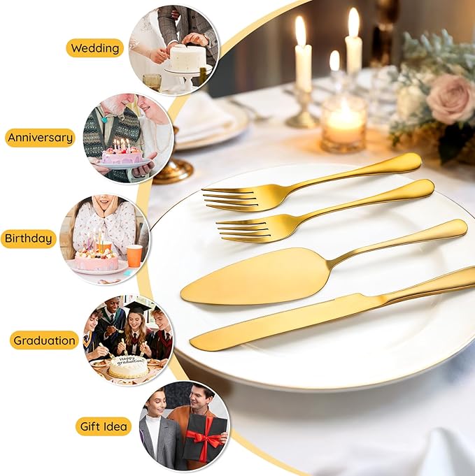 SUREAM Gold Cake Cutter 11 Inch, 4 Pieces Wedding Cake Cutting Set, Pie Server Utensil for Wedding, Birthday, Parties, Anniversary, Engagements
