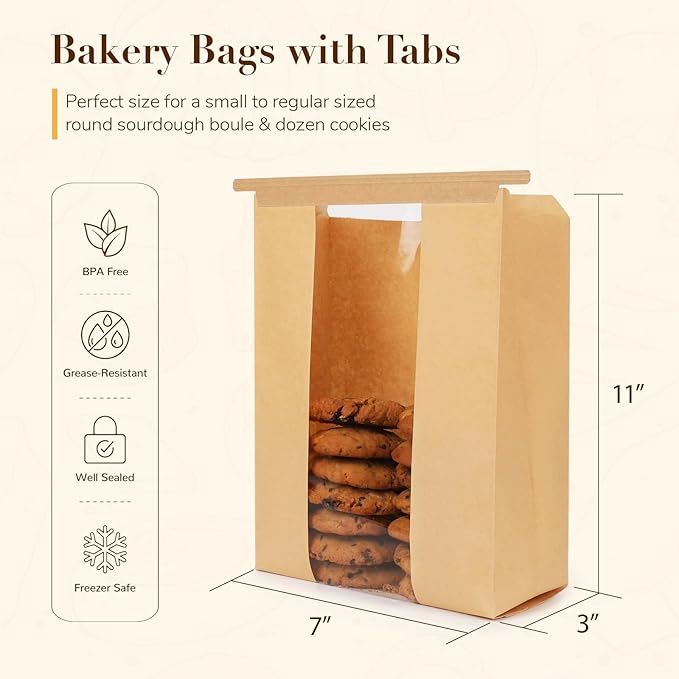 100 Pack Paper Bread Bags for Homemade Bread, 7x3×11 Inches Resealable Tin Tie Tab Bakery Bags with Window for Round Sourdough, Cookies, Loaves, Bagels