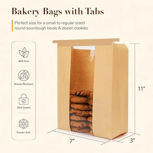 100 Pack Paper Bread Bags for Homemade Bread, 7x3×11 Inches Resealable Tin Tie Tab Bakery Bags with Window for Round Sourdough, Cookies, Loaves, Bagels