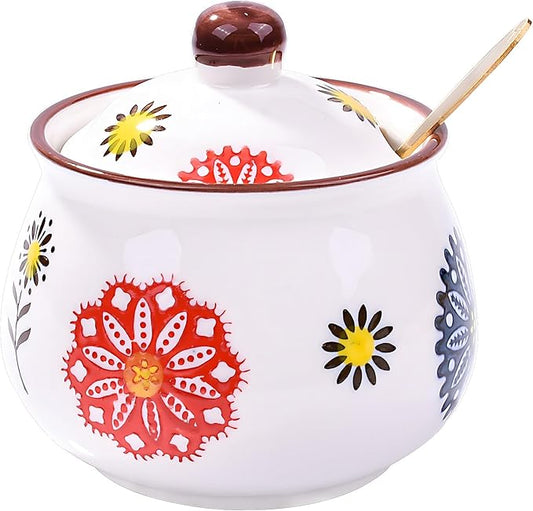 Ceramic Sugar Bowls with Spoons, Salt Jar Seasoning Container with Lid for Home and Kitchen (XYH)