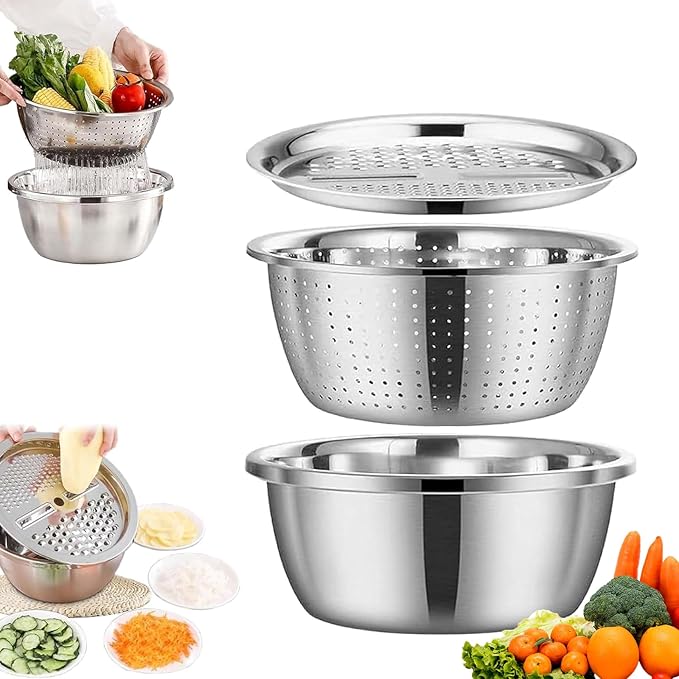 Germany Multifunctional Stainless Steel Basin, 3 in 1 Multifunctional Stainless Steel Basin Strainer Set with Vegetable Strainer & Drain Basket, for Vegetables Fruits (L: 28cm/11in)