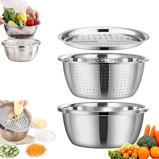Germany Multifunctional Stainless Steel Basin, 3 in 1 Multifunctional Stainless Steel Basin Strainer Set with Vegetable Strainer & Drain Basket, for Vegetables Fruits (L: 28cm/11in)