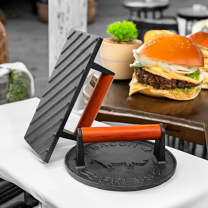 Bacon Press 2.5 lb Heavy Weight Cast Iron Burger Smasher Tool for Griddle,Grill,Skillet,Hamburger,Steak,Patty,BBQ,Sausage,Sandwich Maker,7.2 inch Round