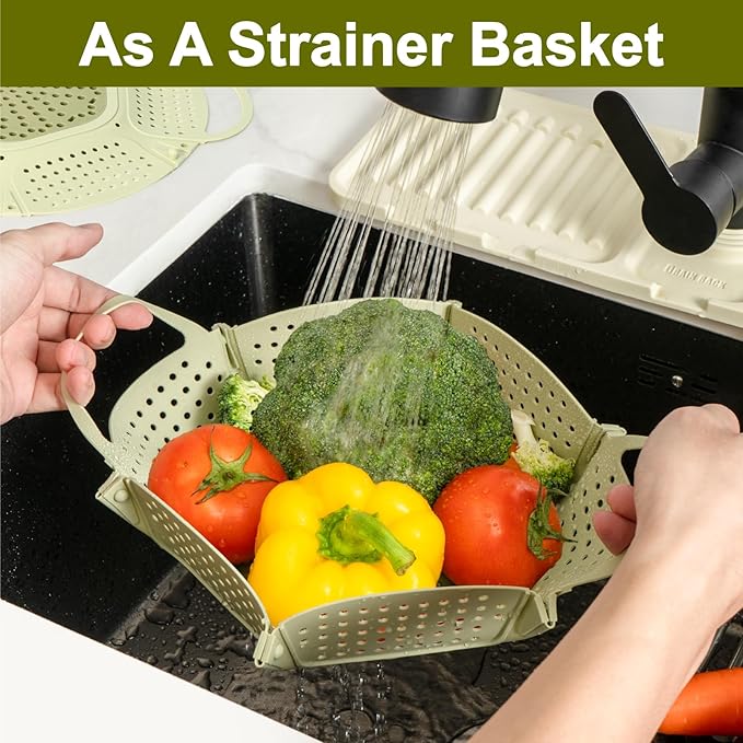 Large Collapsible Silicone Steamer Basket, Silicone Vegetable Steamer Basket With Handles, BPA Free, Expandable for Pot, Non Slip Feet, Compact Storage, Dishwasher Safe