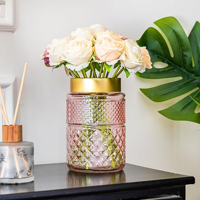 2-Pack Flower Vase Glass, 7.6 '' Pink Fluted Vase with Golden Metal Top, Valentine's Day Stylish Decorative Vases for Tabletop Centerpiece, Kitchen, Living Room, Bedroom, Bathroom