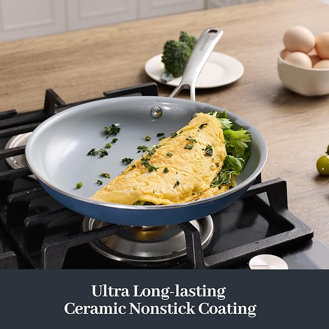 BECIGAR Ceramic Frying Pan Set with Stainless Steel Handle - Perfect Cookware Set for Steak & Non Stick Cooking - Ceramic Pans Set Non Stick Trendy Essential for Young Chefs(Blue)