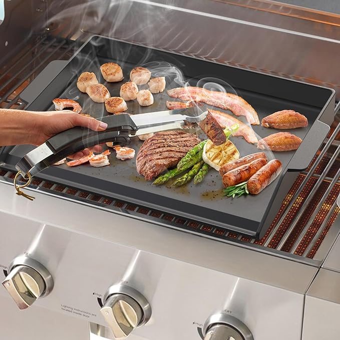 Onlyfire Universal Cast Iron Cooking Griddle, Nonstick Coating Griddle Flat Top Grill Plate with Extra High Sidewalls for Charcoal, Gas Grills and Range Oven, 18.5" × 14"
