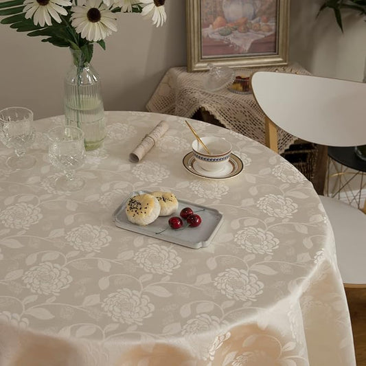 Round Tablecloth Waterproof Spillproof Lace Trim Damask Fabric Table Cloth for Wedding Kitchen Dinning Tabletop Decoration,Table Cover for Outdoor and Indoor,120 Inch Round, Ivory White