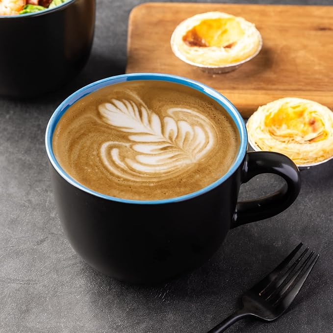 GBhome Jumbo Soup Mugs with Handles, 24 Oz Large Coffee Mugs Set of 4, Ceramic Soup bowls for Soup Cereal Snacks Salad Noodles Cups, Microwave safe - Matte Black, Colorful Inside