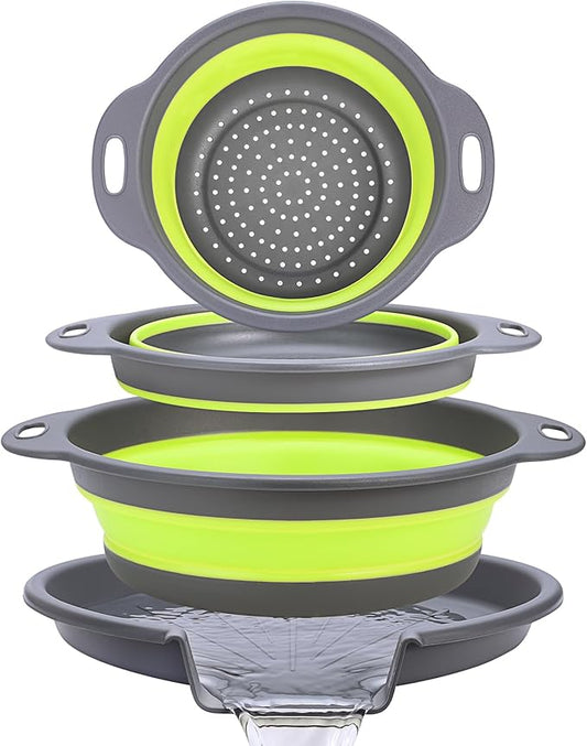 Collapsible Colander Set with Universal Draining Tray | 3-Pack Foldable Kitchen Strainers + Base | Space Saving for Pasta, Veggies, Fruit & Rice | 5 Colors (Gray-Green)