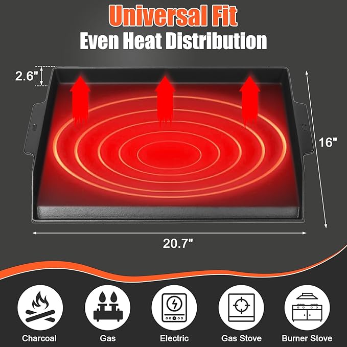 Updated Cast Iron Griddle for Gas Grill, 23" x 16" Large Matte Porcelain Enamel Griddle for Gas & Charcoal Grills, Universal Flat Top Plate with Extra High Sidewalls for Camping, Tailgating, Parties