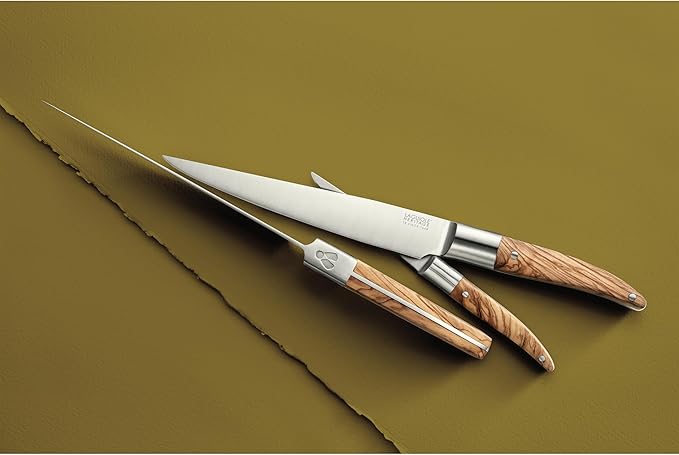 Laguiole Heritage Steak Knife Set; Premium Stainless Steel Blades, Full Tang Construction; Ergonomic Olive Wood Handles; Razor-Sharp, Timeless Luxury & Precision; Light Wood, Set of 4