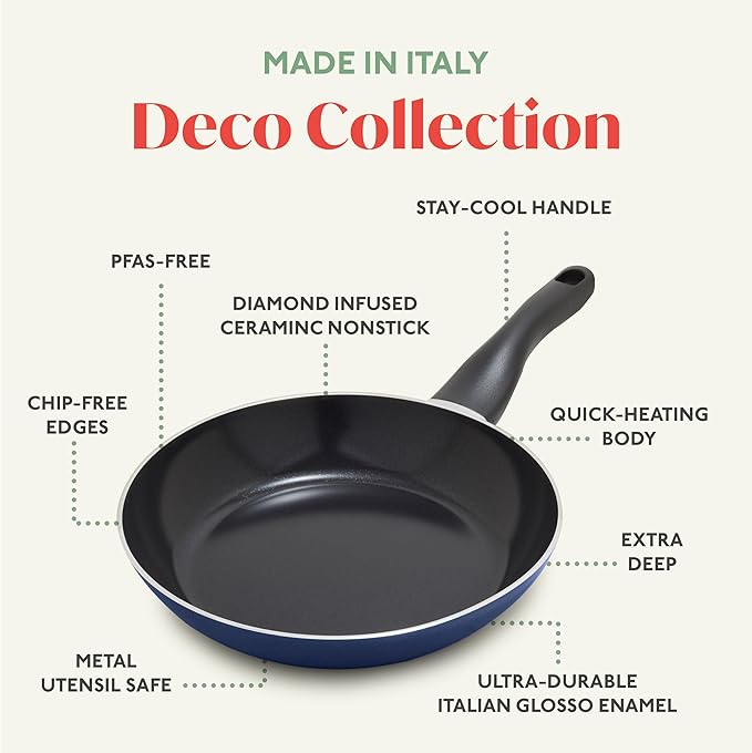 Lumenflon Deco 11” Nonstick Frying Pan Skillet, Made in Italy, Diamond Ceramic PFAS-Free, Dishwasher & Metal Utensil Safe, Durable Gloss Enamel Finish, Stay-Cool Handle, High Walls-Extra Room, Blue