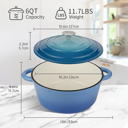 CookNexa 6 Quart Enameled Cast Iron Dutch Oven Pot with Lid and Silicone Accessories, Oven Safe up to 500°F or on Stovetop, Non-stick Dutch Oven for Bread Baking, Cooking, Dual Handles Cookware, Light Blue